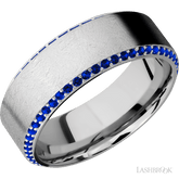 8 mm wide/High Bevel/14K White Gold band with a Bevel Eternity arrangement of 01 carat Round Sapphire stones in a Bead setting